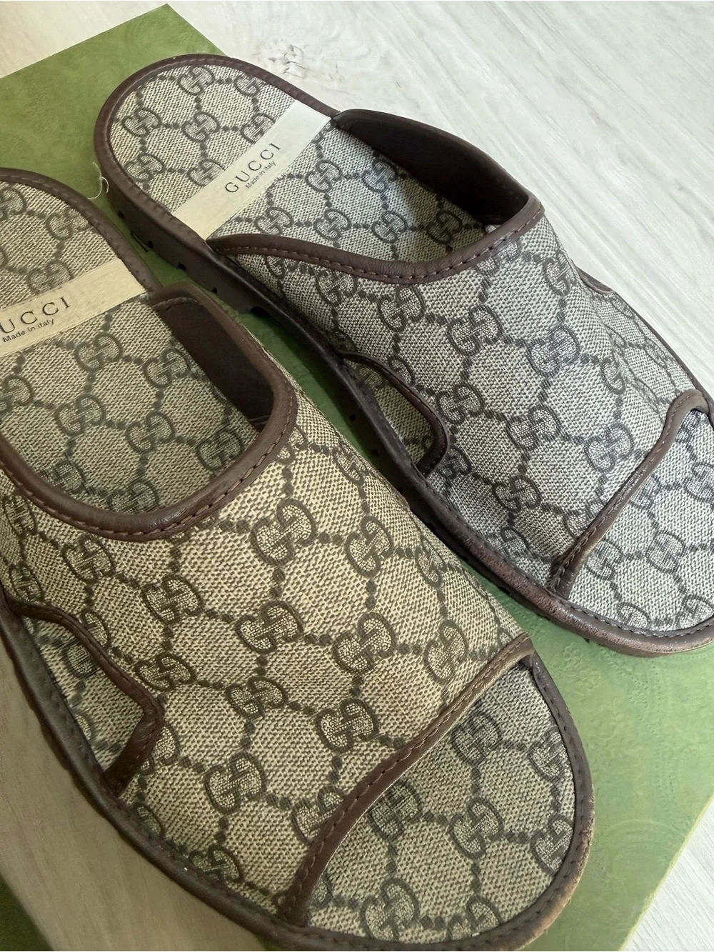 Gucci Beige GG Monogram Slip-On Slides Sandals with Brown Trim